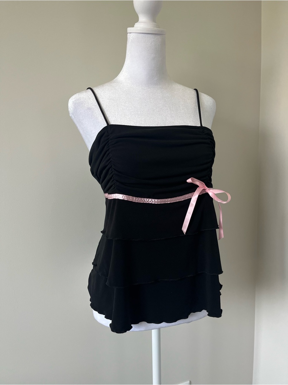 Y2K Black Cami with Satin Pink Ribbon